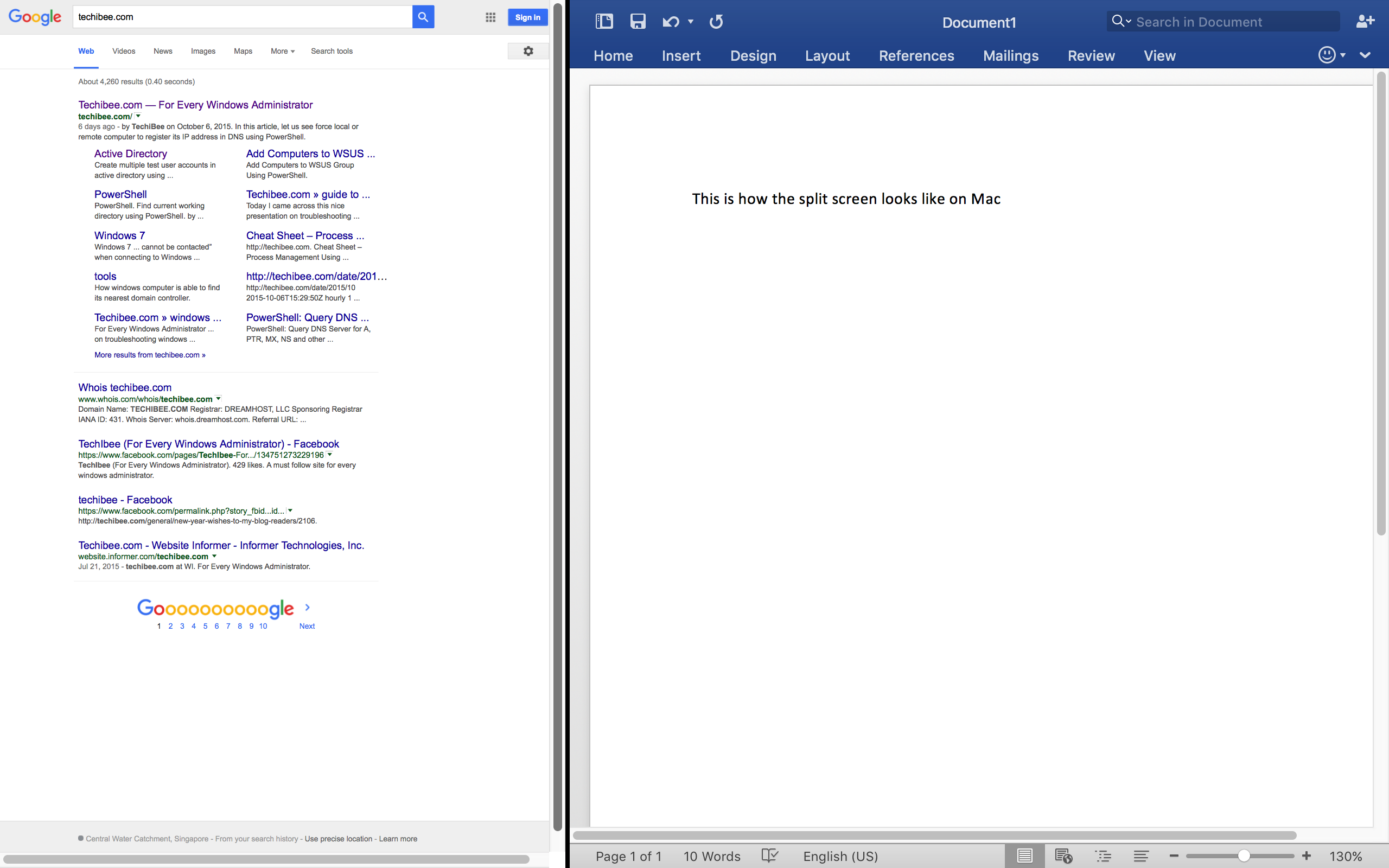 microsoft office split screen mac