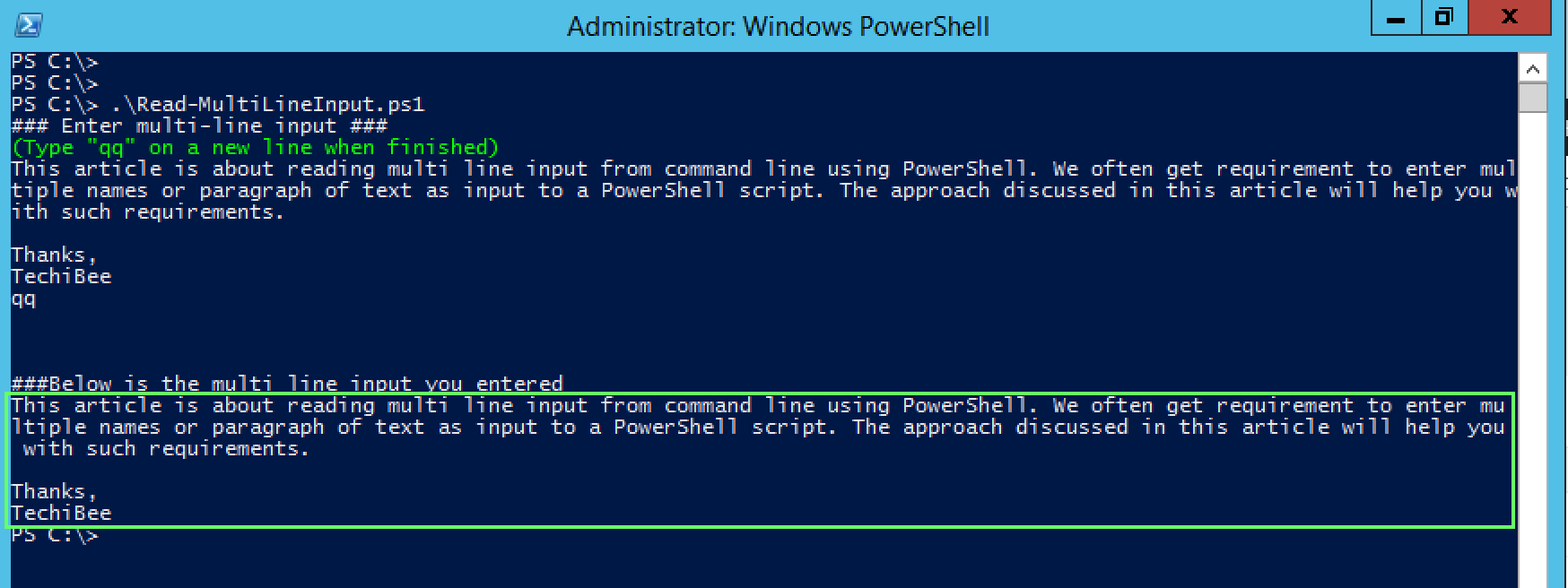 PowerShell How To Give Multi line Input To Script